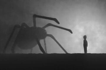 a person standing in front of a giant spider